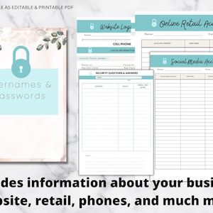 May include: A set of printable password tracker sheets featuring a teal padlock icon and floral accents. The pages include sections for website logins, online retail accounts, social media accounts, and security questions with fields for names and dates.