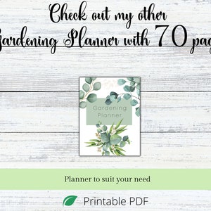 Puede incluir: Un planificador de jardiner&iacute;a imprimible con una cubierta verde que presenta un dise&ntilde;o de acuarela de hojas de eucalipto. El texto de la cubierta dice "Gardening Planner". El texto debajo de la imagen dice "Planner to suit your need" y "Printable PDF".