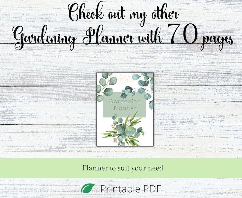 Puede incluir: Un planificador de jardiner&iacute;a imprimible con una cubierta verde que presenta un dise&ntilde;o de acuarela de hojas de eucalipto. El texto de la cubierta dice "Gardening Planner". El texto debajo de la imagen dice "Planner to suit your need" y "Printable PDF".