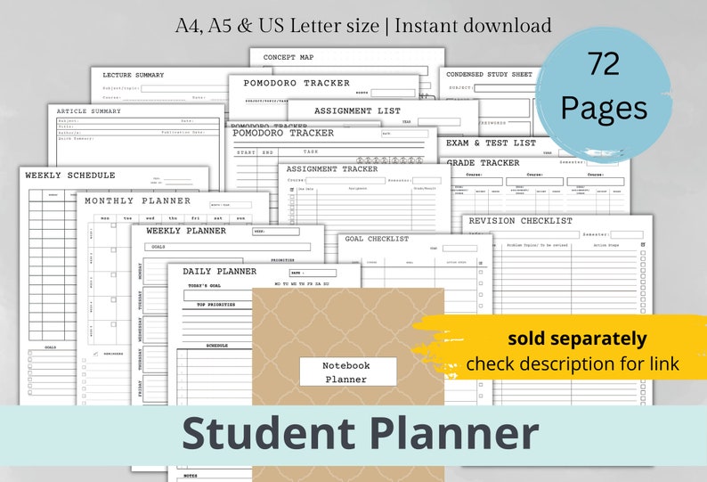 May include: A set of printable student planner pages, including weekly, monthly, and daily planners, assignment trackers, and exam checklists. The pages are in black and white, with the text "Student Planner" at the bottom. The image also includes the text "A4, A5 & US Letter size | Instant download".