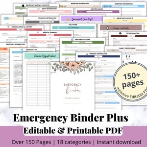 EDITABLE Emergency Binder Plus, Family Binder, Life Planner, Emergency Planner Plus, "What If" Binder, Military Binder,Fillable Editable PDF