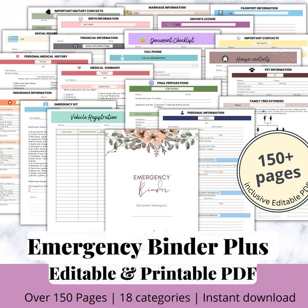 EDITABLE Emergency Binder Plus, Family Binder, Life Planner, Emergency Planner Plus, "What If" Binder, Military Binder,Fillable Editable PDF