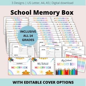 May include: A set of school memory box templates, including all 14 grades from preschool to twelfth grade. The design features colourful illustrations and text, with options for editable covers. The text includes "My School Memory Box."