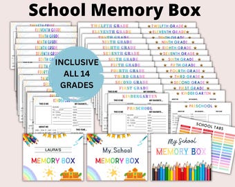 May include: A collection of school memory box templates with editable cover options. The design includes pages for all 14 grades, from preschool to twelfth grade. The covers feature colorful illustrations and text, including "My School Memory Box."