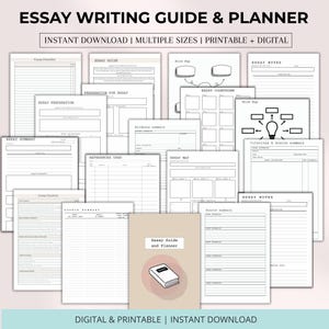 Puede incluir: Una colección de guías y planificadores de escritura de ensayos imprimibles. Las páginas incluyen listas de verificación, secciones de preparación de ensayos, mapas mentales y páginas de notas. La portada de la guía es de color beige con el texto "Essay Guide and Planner".