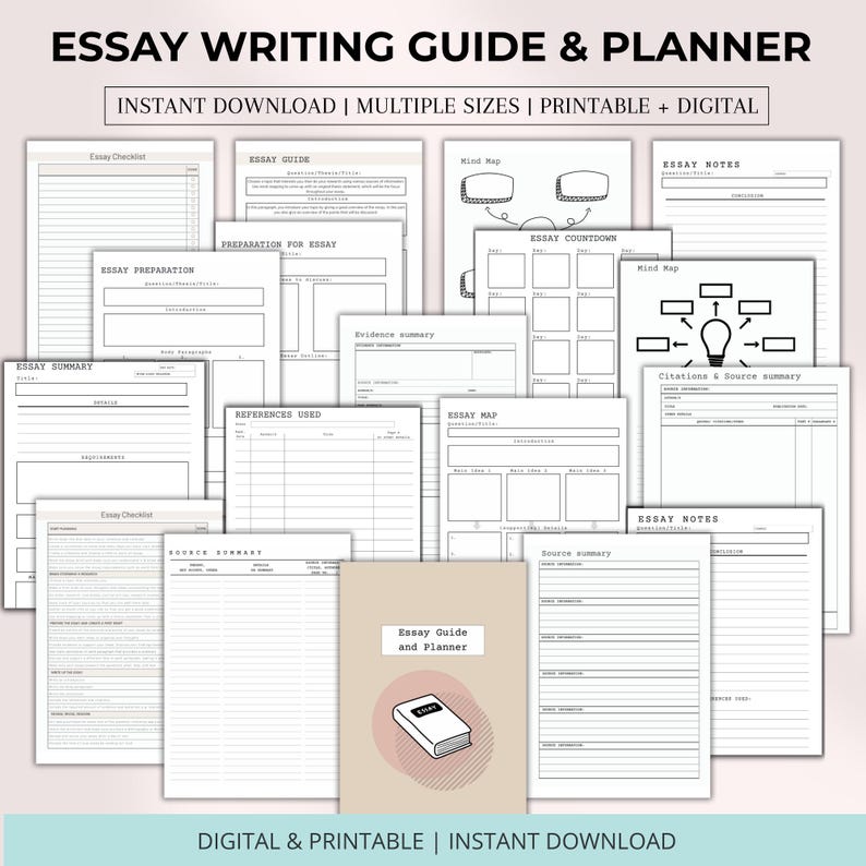 May include: A set of printable essay writing guides and planners. The pages include checklists, essay preparation sections, mind maps, and note pages. The cover of the guide is tan with the text "Essay Guide and Planner". The text "ESSAY WRITING GUIDE & PLANNER" is at the top.