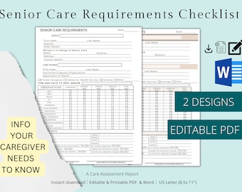 EDITABLE Care Assessment Report, Senior Care Requirements Checklist, Caregiving Form, Elder Care,Home Care Evaluation,Care Assessment Report