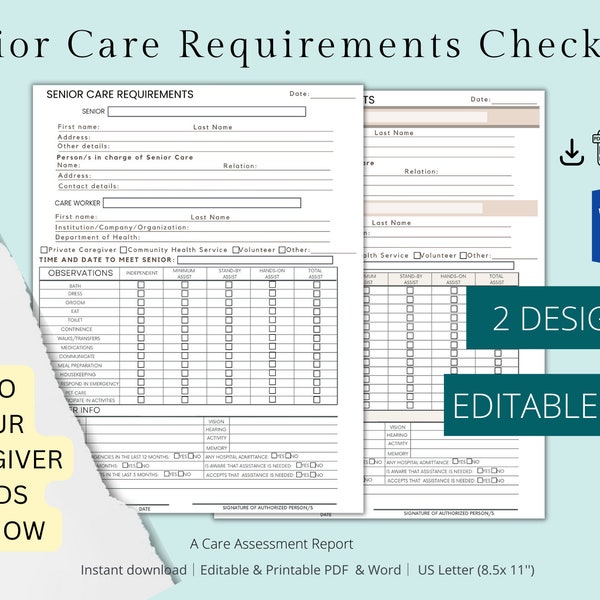 EDITABLE Care Assessment Report, Senior Care Requirements Checklist, Caregiving Form, Elder Care,Home Care Evaluation,Care Assessment Report