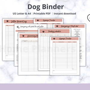 May include: Printable dog binder with pages for sitter record log, emergency info sheet, deworming records, feeding schedule, expense tracker, and emergency and first aid. The pages have a pink and white polka dot pattern.