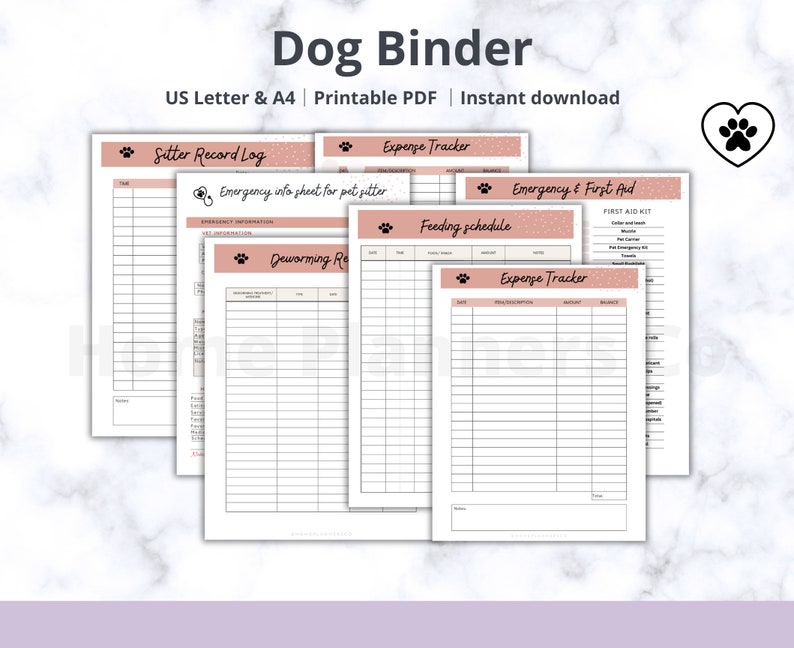 May include: Printable dog binder with pages for sitter record log, emergency info sheet, deworming records, feeding schedule, expense tracker, and emergency and first aid. The pages have a pink and white polka dot pattern.