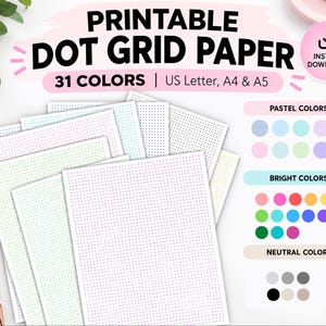 Puede incluir: Papel de puntos imprimible en 31 colores, disponible en tamaños US Letter, A4 y A5. La colección incluye hojas con varios patrones de puntos de colores, organizadas en paletas de colores pastel, brillantes y neutros para un uso versátil.