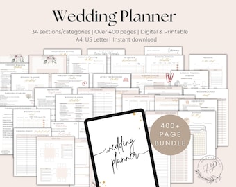 May include: A digital wedding planner with over 400 pages, featuring 34 sections. The planner includes sections for delegating duties, wedding venues, and more. The text "Wedding Planner" is displayed prominently, along with "400+ PAGE BUNDLE".
