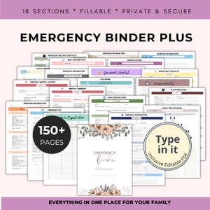 Op de afbeelding: Een noodmap met meer dan 150 pagina's, met secties voor persoonlijke, medische en financiële informatie. De map bevat invulbare formulieren en is ontworpen om belangrijke familiedocumenten te organiseren. De cover leest "Emergency Binder".