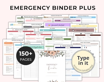 May include: An emergency binder with 150+ pages, featuring sections for personal, medical, and financial information. The binder includes fillable forms and is designed to keep important family documents organized. Text on the cover reads "Emergency Binder".