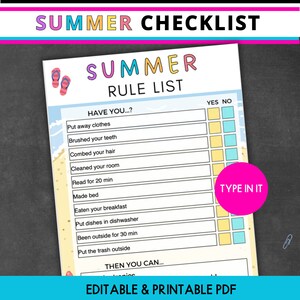 Kids Summer Checklist Editable Printable Summer Rules Screen Time Chore Chart, Screen Time Tracker, Kids Summer Checklist, Summer Routine