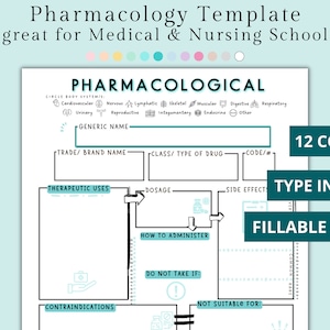 Fillable Pharmacology Template | Editable Nursing School Study Template | Medical Nursing Study Guide Nursing Template Nursing Student Notes