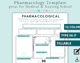 Fillable Pharmacology Template | Editable Nursing School Study Template | Medical Nursing Study Guide Nursing Template Nursing Student Notes