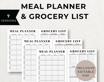 EDITABLE Weekly Meal Planner & Grocery List | Printable Weekly Menu, Food Planner, Menu Meal Template Insert, Food Journal, Digital Download