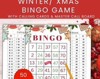 Op de afbeelding: Een set van 50 winter- of kerstbingo-kaarten met een master call board. De kaarten bevatten een traditioneel bingorooster met de nummers 1 tot en met 75. Het call board is een lijst met nummers 1 tot en met 75 met bijbehorende letters.