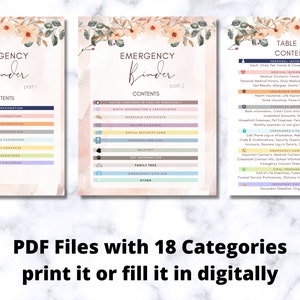 May include: Three printable PDF files titled "Emergency Binder" with floral accents. The binder contents are organized into 18 categories, including personal, medical, and financial information. The text "print it or fill it in digitally" is also visible.