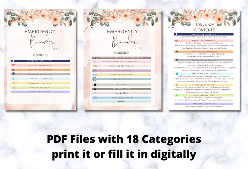 May include: Three printable PDF files titled "Emergency Binder" with floral accents. The binder contents are organized into 18 categories, including personal, medical, and financial information. The text "print it or fill it in digitally" is also visible.