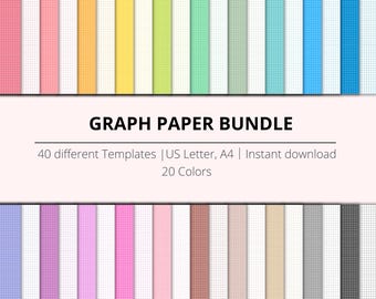 Paquete de papel cuadriculado: 40 plantillas digitales imprimibles para tomar notas, tamaño A4, carta, papel cuadriculado de colores imprimible, papel cuadriculado de 5 mm