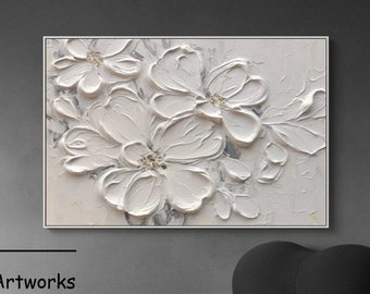 Large Abstract Flower Oil Painting On Canvas,White 3D Floral Painting,Flower Acrylic Painting,Heavy Textured Flower Art,Floral Wall Decor