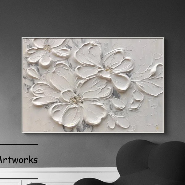 Large Abstract Flower Oil Painting On Canvas,White 3D Floral Painting,Flower Acrylic Painting,Heavy Textured Flower Art,Floral Wall Decor