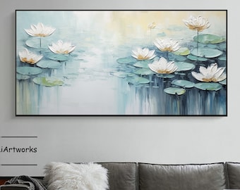 Large Lotus Landscape Oil Painting,Green Lotus Pond Canvas Art,Lotus Floral Acrylic Painting,Lotus Artwork Custom Art,Bedroom Wall Decor