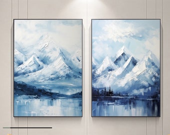 Large Abstract Mountain Painting on Canvas,Set of 2 Landscape Oil Painting,Blue and White Mountain Texture Painting,Living Room Home Decor