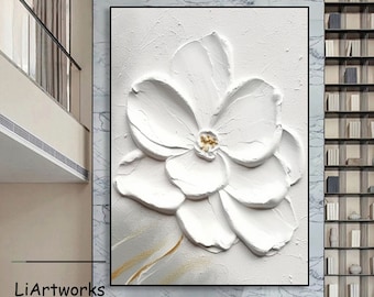 Large 3D Floral Texture Painting,Heavy Textured White Flower Wall Art,Minimalist Palette Knife Texture Art,White Acrylic Painting,Home Decor