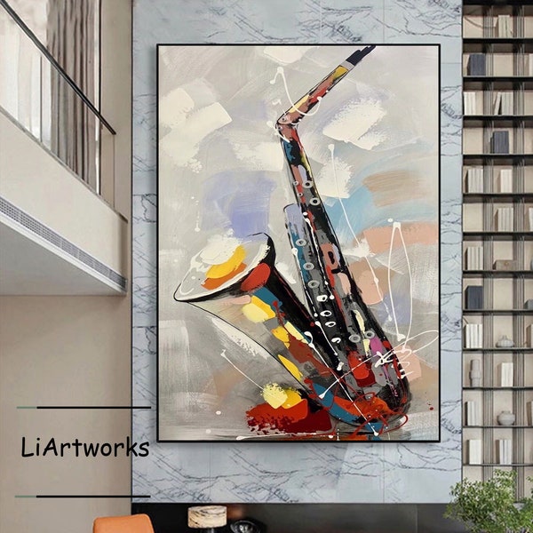 Large Abstract Saxophone Paintings on Canvas,Saxophone Oil Painting,Modern Canvas Art,Impasto Textured Painting,Music Instrument Art