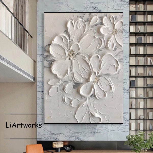 3D-Texturgemälde mit weißen Blumen, abstrakte Wandkunst mit weißen Blumen, Blumen-Acrylgemälde, Spachtelgemälde, modernes Blumen-Wandkunst-Dekor