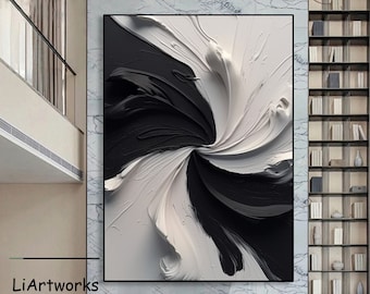 Large White 3D Textured Wall Art,Black and White Abstract Minimal Painting on Canvas,Modern Wall Painting,Black White Wall Art,Home Deocr