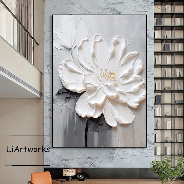 Toile 3D peinte à la main, art floral, peinture à l'huile de fleurs blanches, art floral blanc texturé épais, peinture à l'huile de fleurs abstraites, décoration murale pour la maison