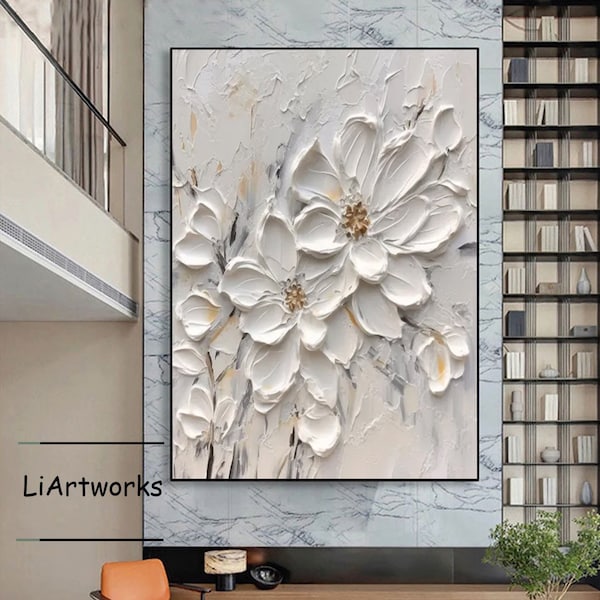 Large White Flower Texture Wall Art,3D Textured Art,Modern White Floral Textured Acrylic Painting,Heavy Textured Painting,Framed Wall Art