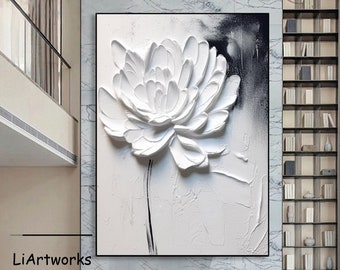 Large 3D White Flower Oil Painting,Flower Texture Wall Art,Heavy Textured Painting,Palette Knife Floral Abstract Painting,Modern Floral Art