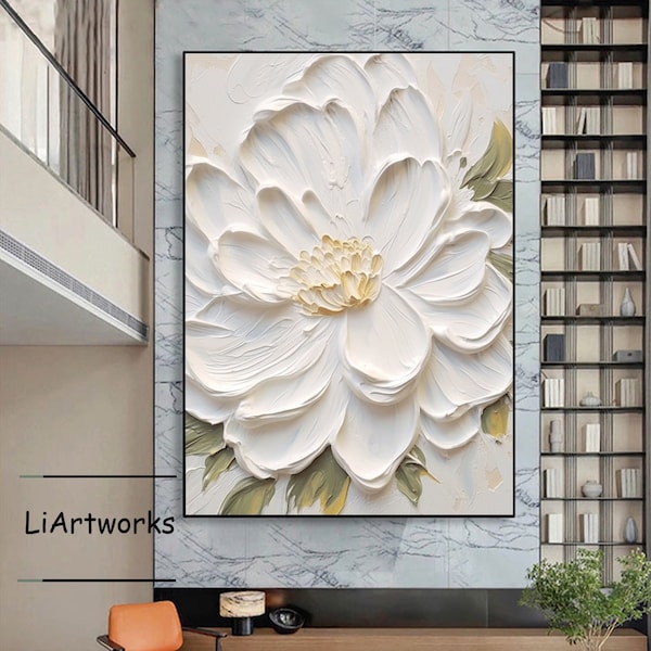 Abstrakte weiße Blumen-Ölgemälde auf Leinwand, schwere strukturierte Blumenmalerei, weiße Blumenlandschaftsacrylmalerei, Wohnzimmer-Dekorgeschenk