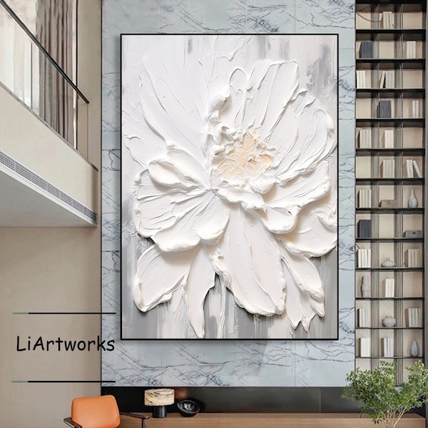 Peinture 3D de texture de fleur blanche, peinture acrylique de fleur originale, art mural floral abstrait, peinture florale texturée lourde au couteau