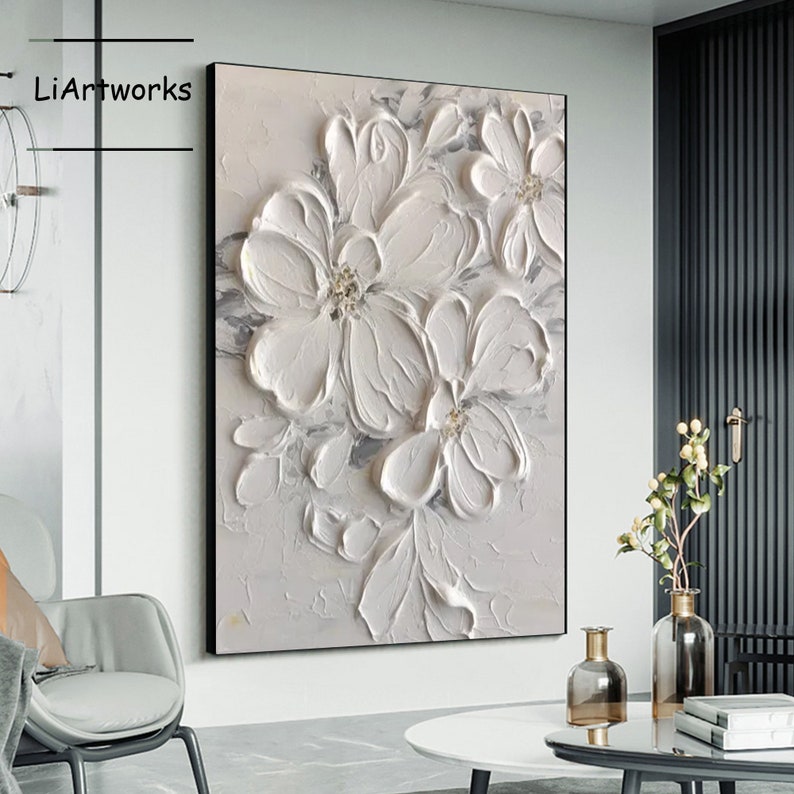 3D White Flower Texture Painting,white Flower Abstract Wall Art,flower