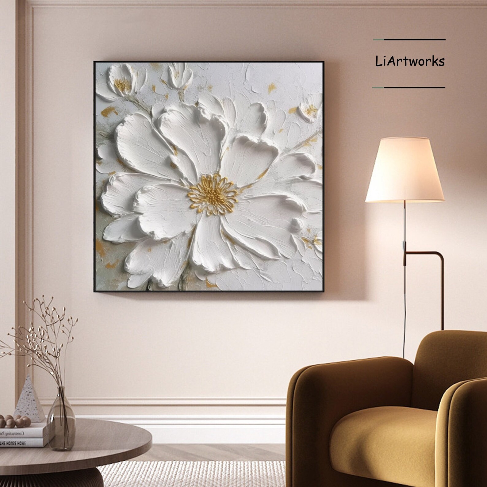 3D White Abstract Flower Oil Painting on Canvas,white and Gold Flower