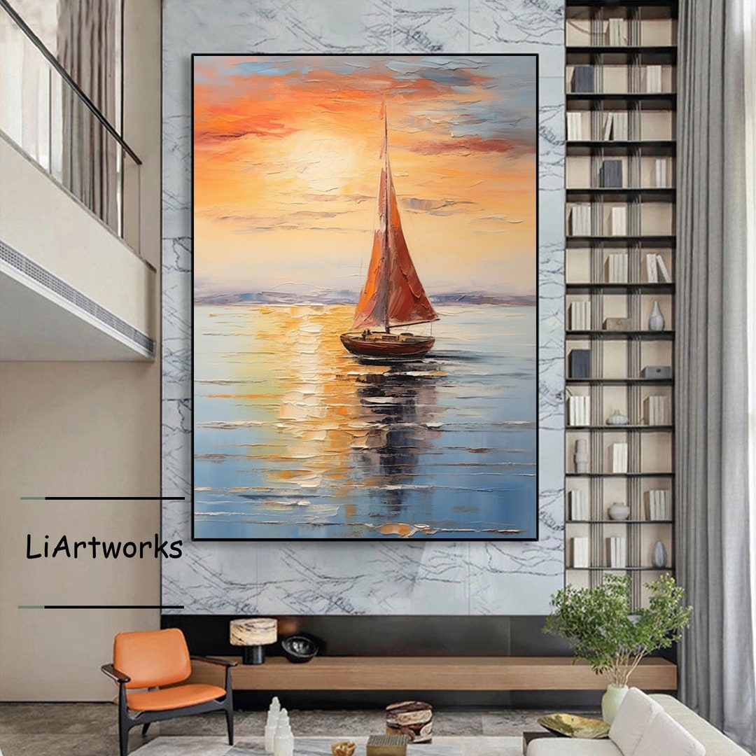 Large Abstract Ocean Sunset Landscape Painting,texture Nautical Oil ...