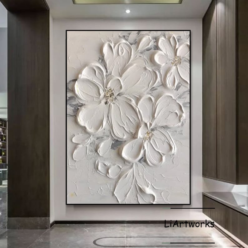 3D White Flower Texture Painting,white Flower Abstract Wall Art,flower