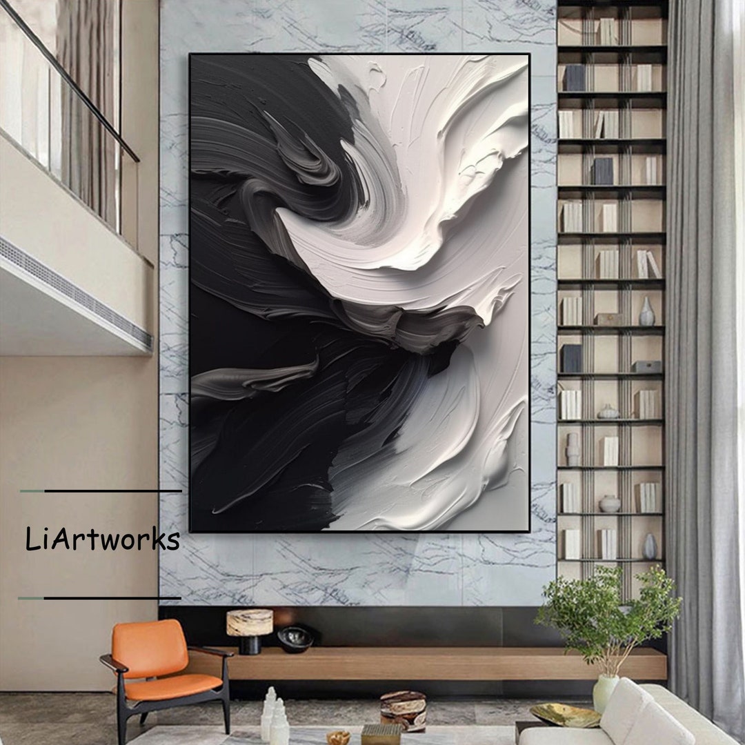 Large Black and White Abstract Painting,black and White Textured ...