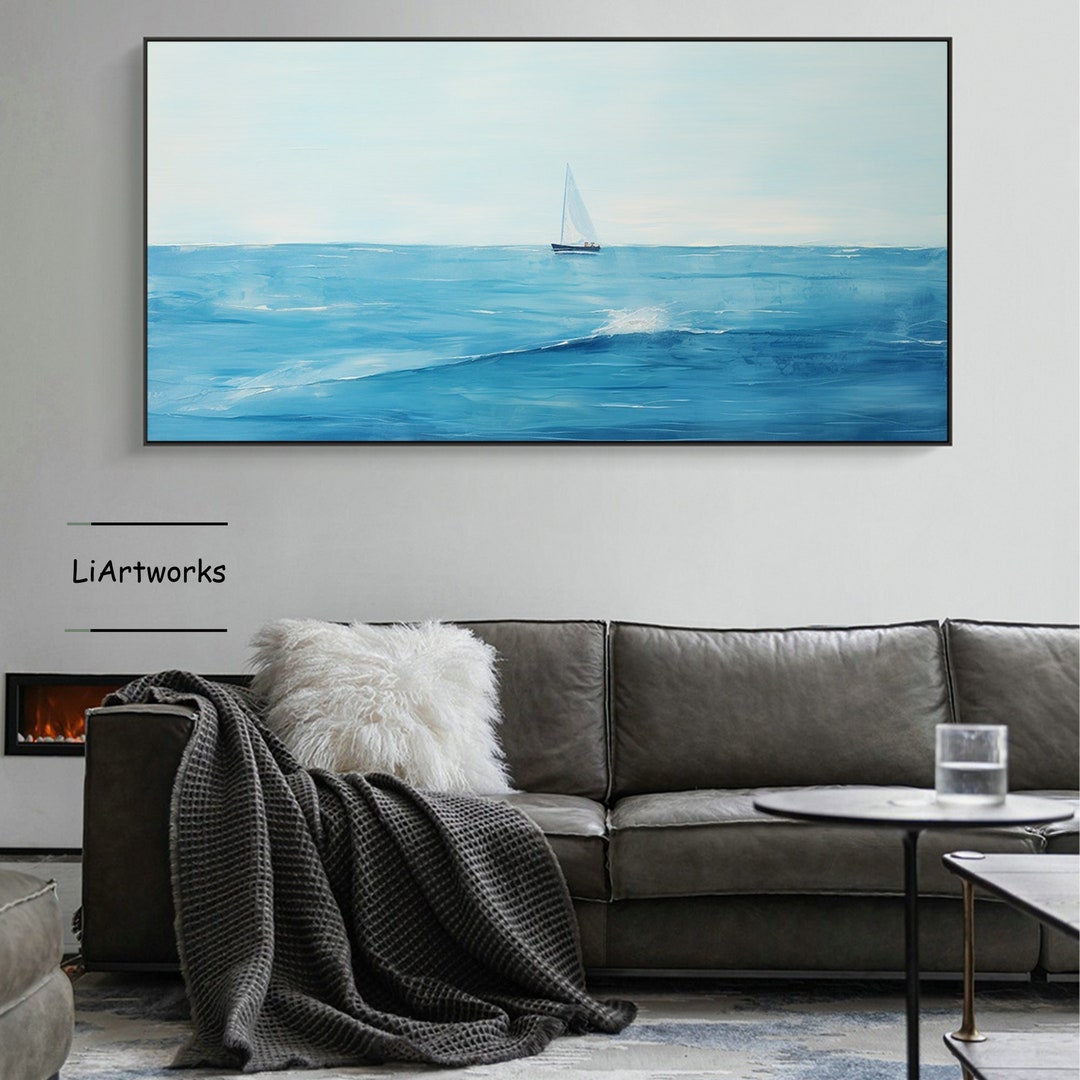 Large Blue Abstract Nautical Oil Painting on Canvas,minimalist Ocean ...