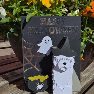 Vieux chien de berger anglais Halloween fait main 3D carte en couches cadeau photo paperart, amoureux des chiens, oes, mouton