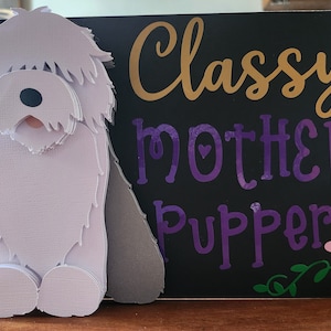 Vieux chien de berger anglais fait main, décoration en papier en couches 3D avec citation amusante. Mariage, cadeau d'anniversaire, amoureux des chiens, oes, gribouillage mouton