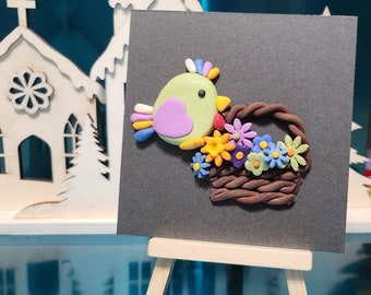 Easter chick bird with flower basket handmade unframed polymer clay  miniature picture