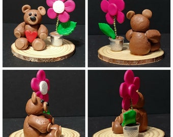 Teddy bear with thimble pot flower, handmade polymer clay miniature ornament on natural wood slice, Mothers Day, Birthday, gift, friend