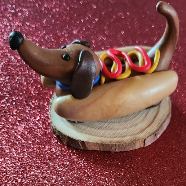 Sausage dog, funny gift ornament, hot dog quirky fun handmade polymer clay daschund dog ornament on wood slice